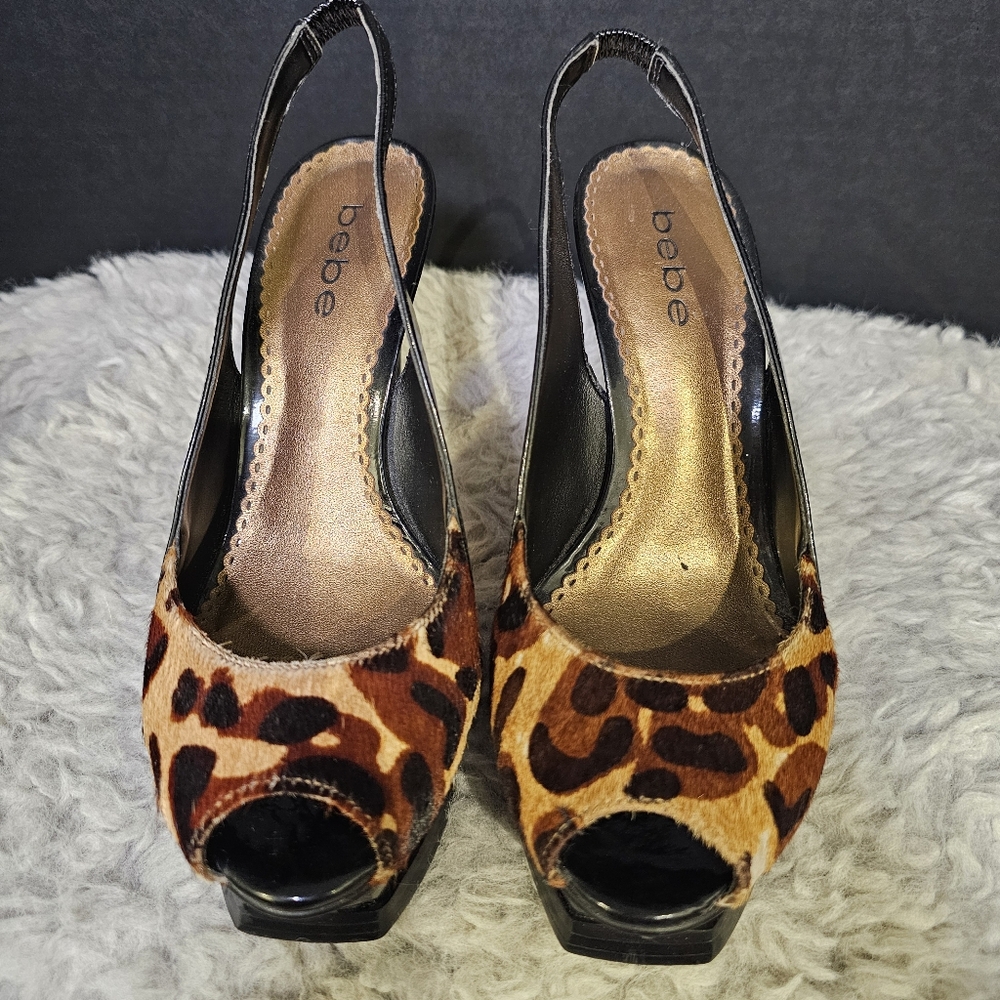 Size 7B Bebe Leopard Faux Fur Slingback PlatformHeels with Peep Toe Design